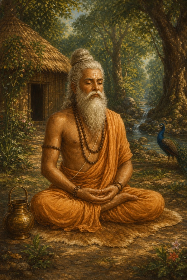 ऋषि पुलस्त्य वन की कुटिया के आगे पद्मासन में ध्यानमग्न; पास झरना और मोर।