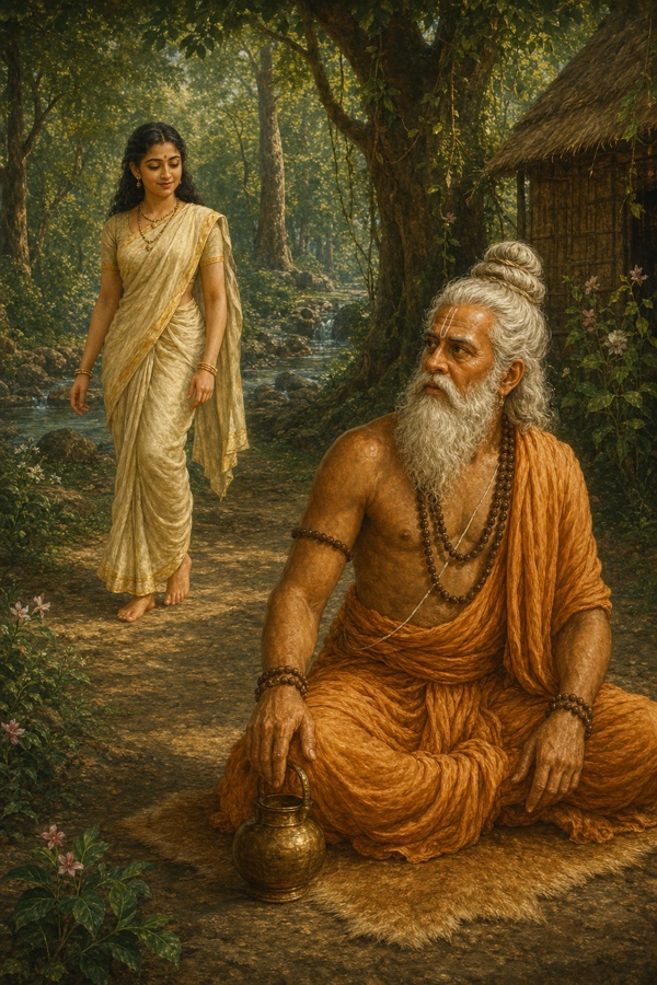 तपस्वी पुलस्त्य कुटिया के पास बैठे; पीछे वन-पथ से एक राजकन्या सकुचाती हुई निकट आती।