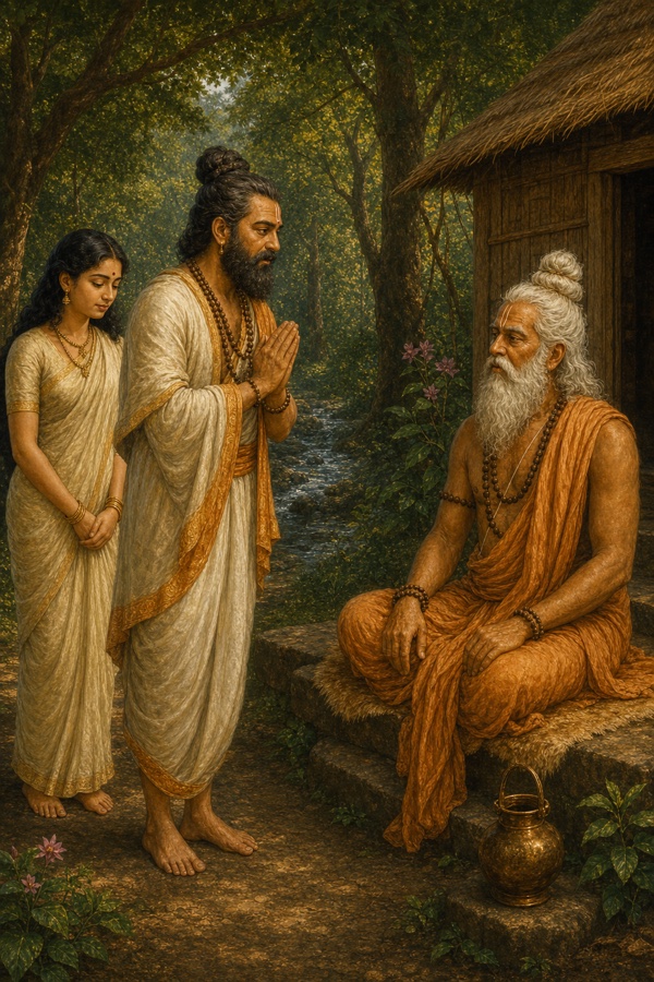 एक युवा ऋषि हाथ जोड़े अपनी पत्नी सहित कुटिया के बाहर बैठे वृद्ध तपस्वी का आशीर्वाद लेते हुए।