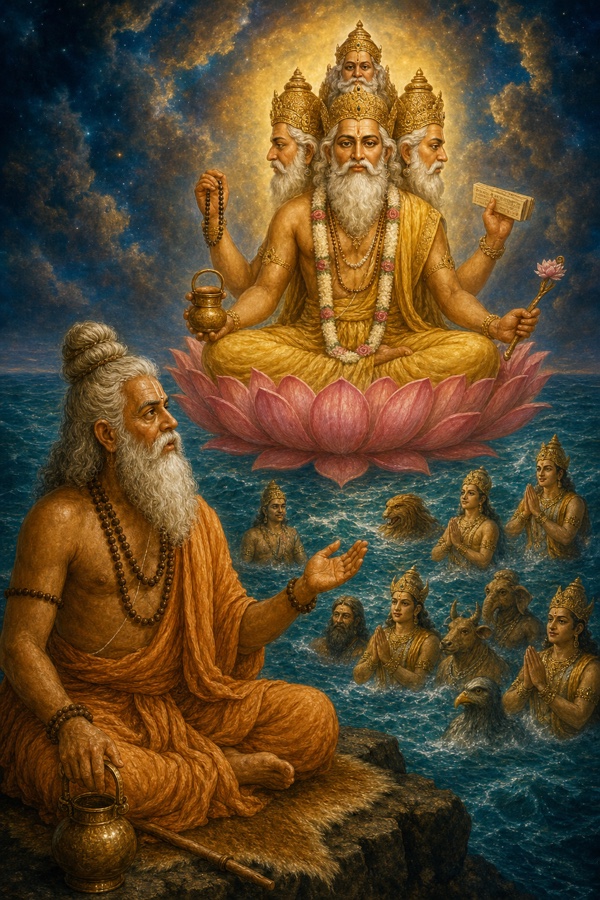 चतुर्मुख ब्रह्मा कमल पर विराजमान; नीचे सागर-जल से यक्ष-राक्षस जैसे प्राणी हाथ जोड़े प्रकट होते हुए।