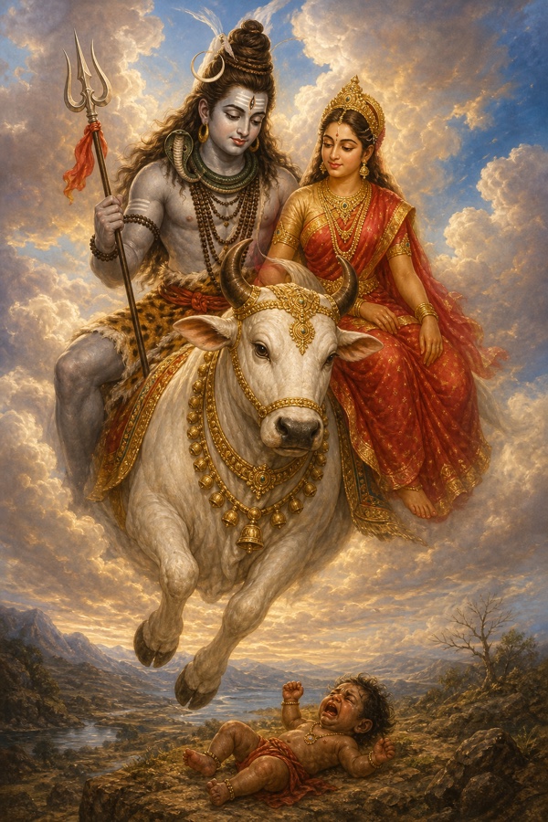 शिव-पार्वती नंदी पर आकाश मार्ग से जाते हुए, नीचे भूमि पर रोते राक्षस-शिशु सुकेश को देखते।