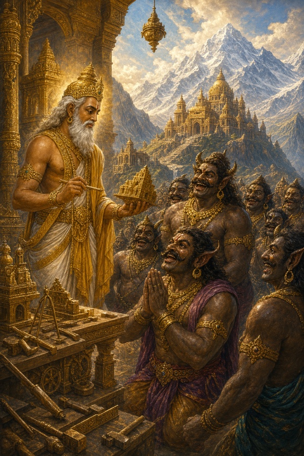 विश्वकर्मा प्रसन्न राक्षसों को स्वर्ण नगरी लंका का प्रतिरूप सौंपते हुए; पीछे पर्वत पर बसी नगरी।