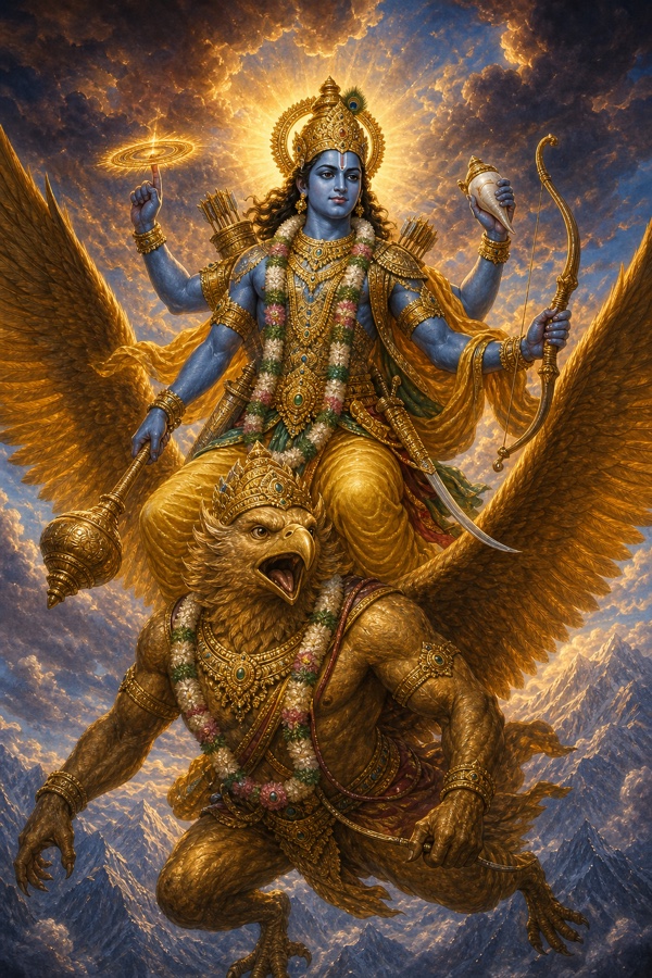 चतुर्भुज विष्णु गरुड़ पर आरूढ़, हाथों में चक्र, शंख, धनुष और गदा, मेघों के बीच उड़ते हुए।
