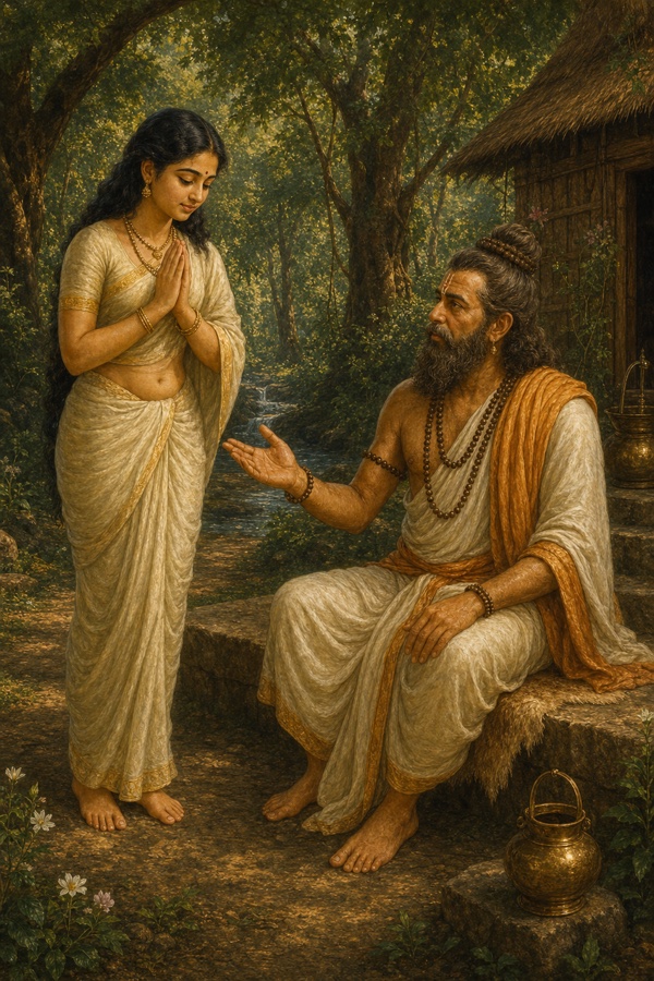 कैकसी हाथ जोड़े वन में बैठे तपस्वी विश्रवा के सम्मुख संतान की कामना लेकर खड़ी।