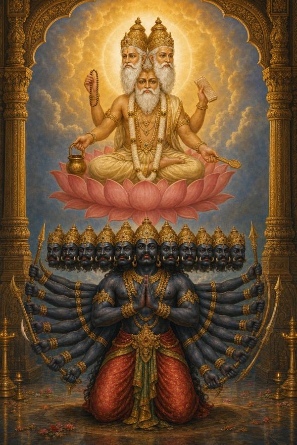 चतुर्मुख ब्रह्मा कमल पर प्रकट होकर नीचे हाथ जोड़े बैठे दस सिर वाले रावण को दर्शन देते हुए।