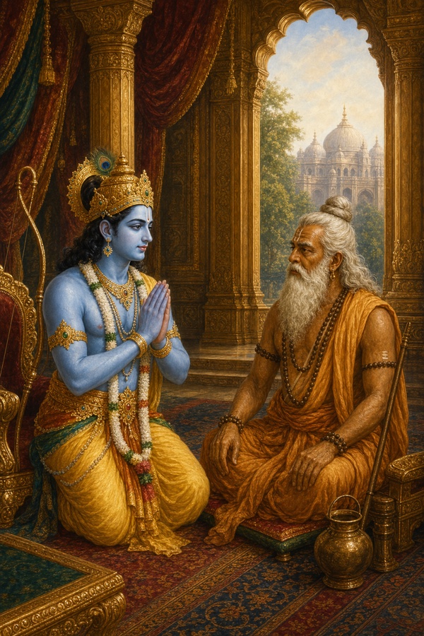 राम हाथ जोड़े आसन पर बैठे अगस्त्य मुनि से रावण के कुल की कथा सुनते हुए।
