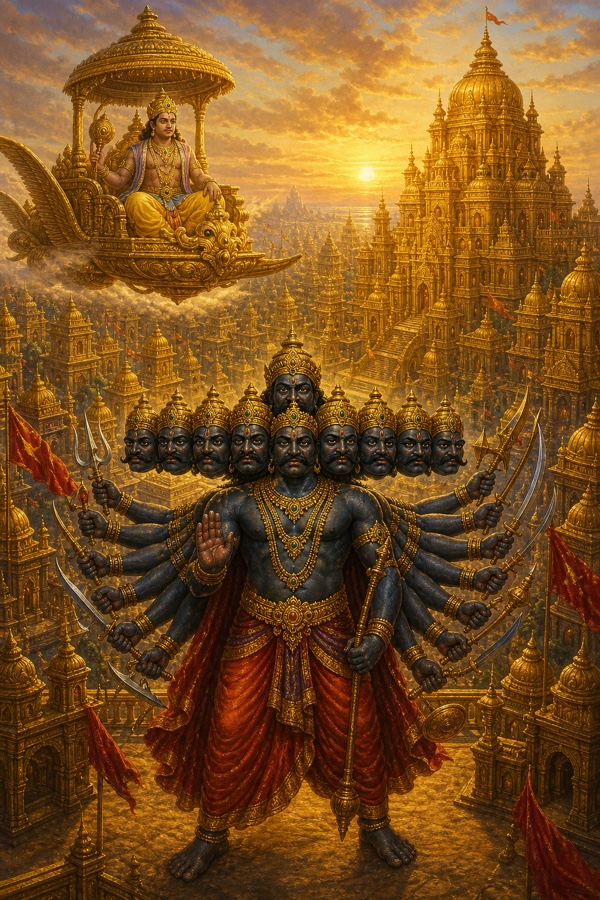 दस सिर वाला रावण स्वर्णमयी लंका में खड़ा; ऊपर कुबेर पुष्पक विमान में नगरी छोड़कर जाते।