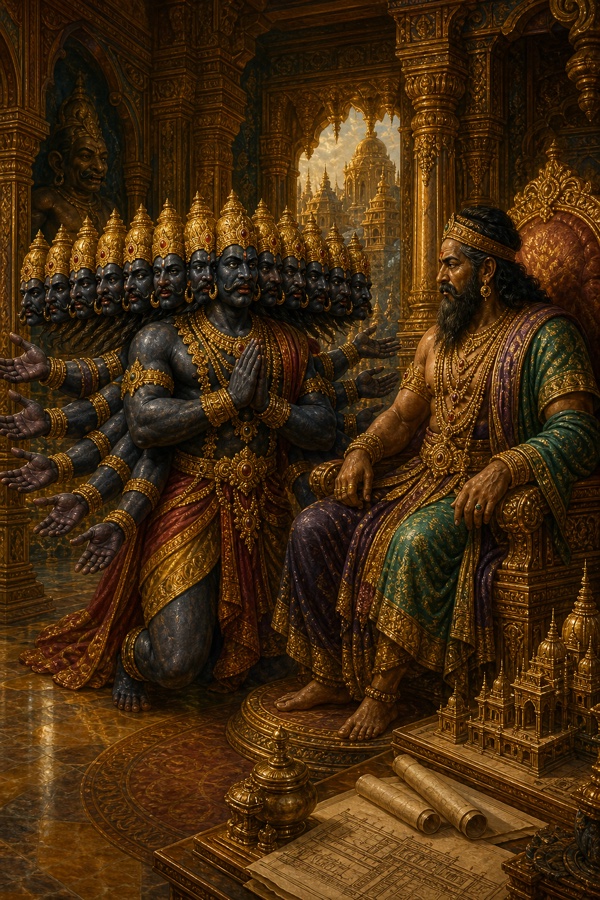 दस सिर वाला रावण हाथ जोड़े सिंहासन पर बैठे कुबेर के सम्मुख; पास लंका का स्वर्ण प्रतिरूप।