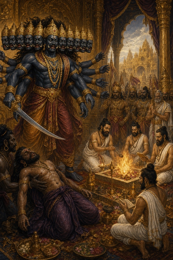 तलवार लिए रावण यज्ञशाला में पहुँचा; ब्राह्मण हवन करते और एक अलंकृत पुरुष भूमि पर मूर्छित।