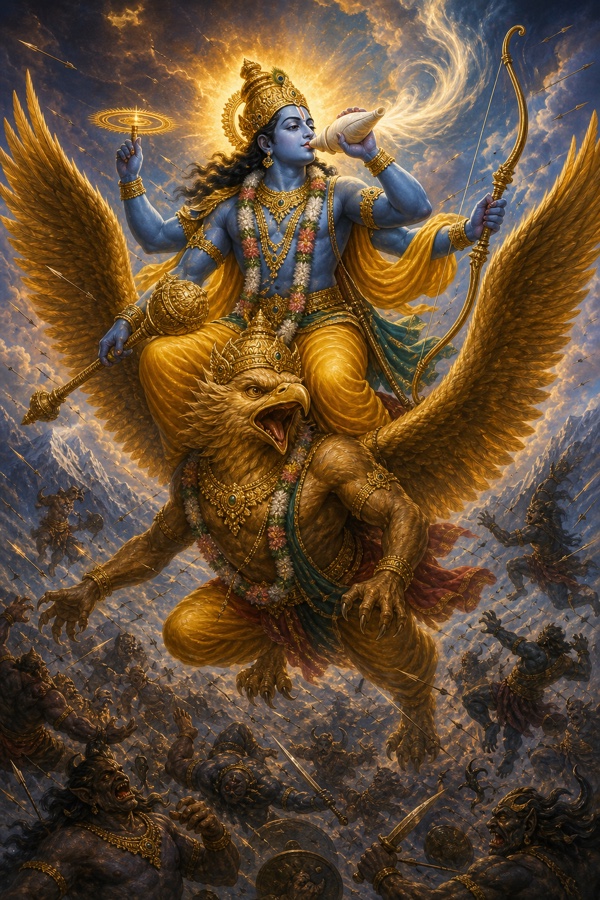 Vishnu on Garuda blows the great conch Panchajanya, its blast scattering and terrifying the raksasa host.