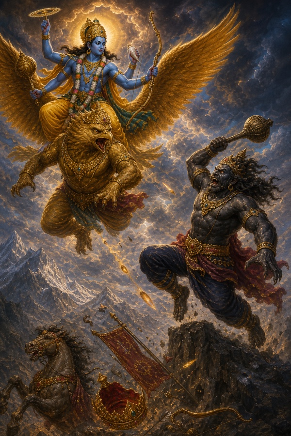 Disrobed of chariot, Mali leaps mace in hand and smashes it onto Garuda's forehead, staggering the great bird.