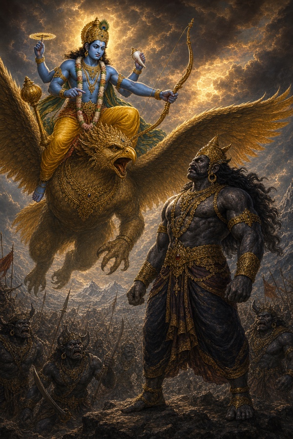 Malyavan in his last stand drives his bell-ringing shakti spear into Vishnu's chest, the weapon flashing like lightning.