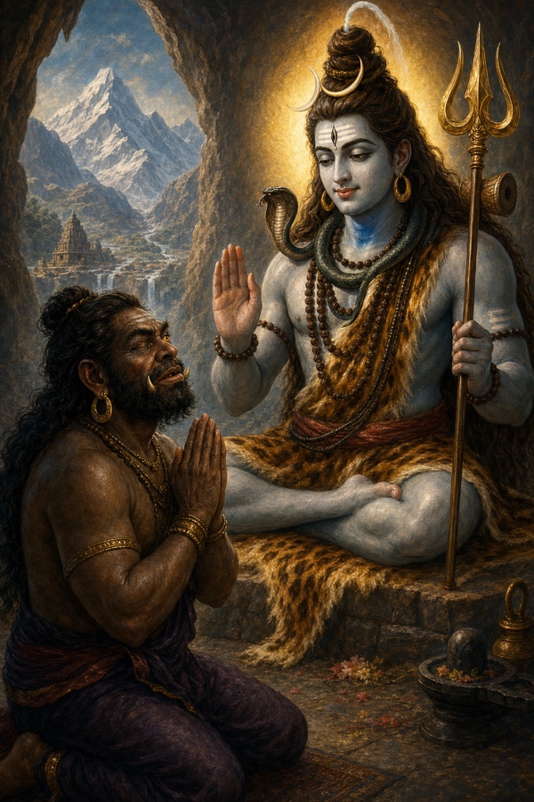 Shiva on the mountain blesses the kneeling envoy whose left eye is burnt and right eye turned tawny, naming him Ekakshipingala.