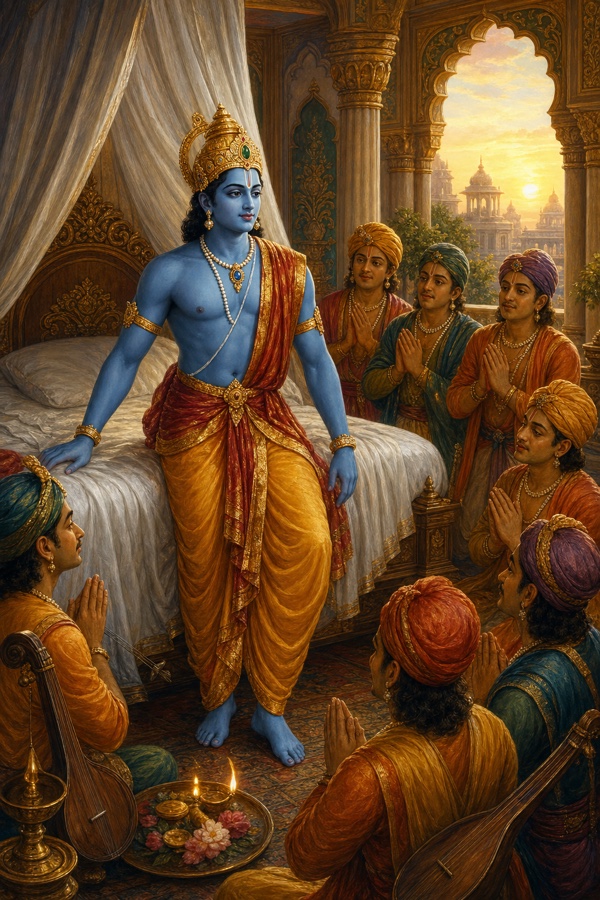 राम राजमहल में पलंग के पास खड़े हैं, चारों ओर वंदीजन हाथ जोड़े खड़े हैं, झरोखे से सूर्योदय दिखता है