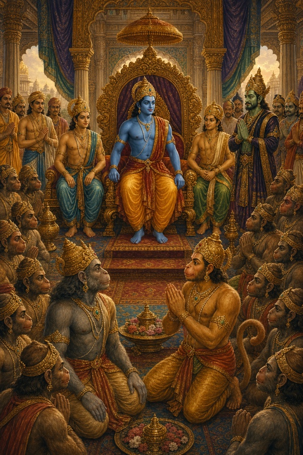 राम सिंहासन पर विराजमान हैं, भाई पास बैठे हैं, हनुमान समेत वानर सभा में हाथ जोड़े बैठे हैं