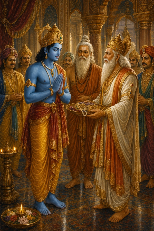 राम हाथ जोड़े खड़े हैं, श्वेत दाढ़ी वाले वृद्ध नरेश उन्हें रत्नों का थाल भेंट कर रहे हैं