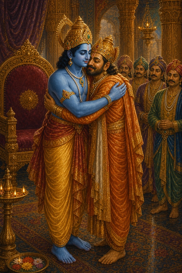 राम विदा के समय एक मुकुटधारी नरेश को स्नेह से गले लगा रहे हैं, दरबारी पीछे खड़े हैं