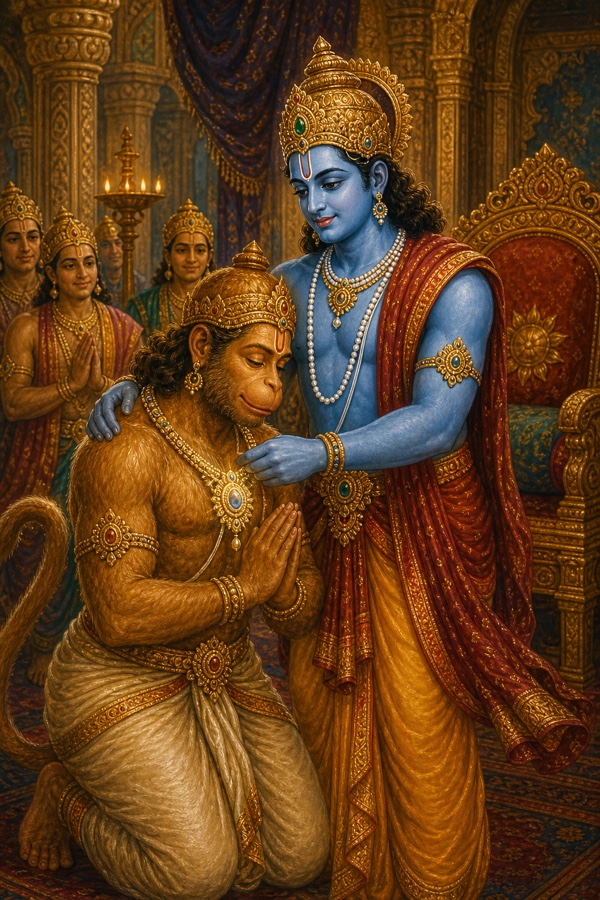 राम घुटनों के बल बैठे हनुमान के कंधे पर हाथ रखकर उन्हें आशीर्वाद दे रहे हैं