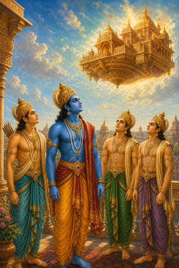 राम अपने तीन भाइयों के साथ छत पर खड़े आकाश में उड़ते स्वर्णिम पुष्पक विमान को देख रहे हैं