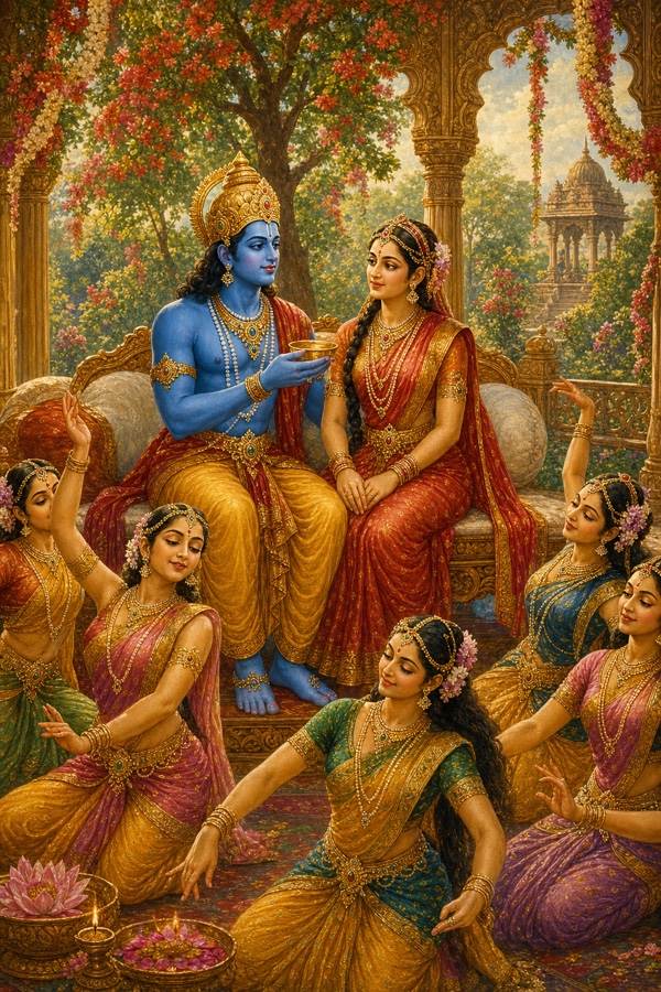 राम और सीता पुष्पों से घिरे उपवन में बैठे हैं, राम पात्र थामे हैं और नर्तकियाँ नृत्य कर रही हैं