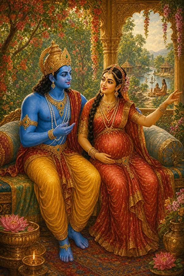 गर्भवती सीता उपवन में बैठी राम से गंगा तट के ऋषि आश्रम देखने की अपनी इच्छा कह रही हैं