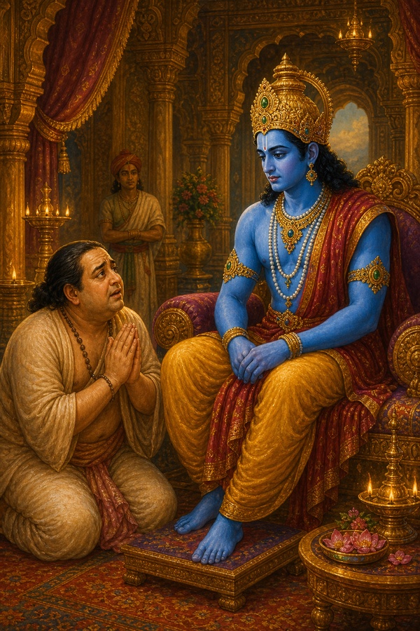 राम सिंहासन पर बैठे हैं और सामने घुटनों के बल बैठा व्याकुल पुरुष हाथ जोड़कर कुछ निवेदन कर रहा है
