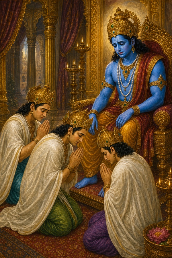 अश्रुपूरित राम सिंहासन से झुककर शोकमग्न तीनों भाइयों को स्पर्श कर रहे हैं, तीनों हाथ जोड़े बैठे हैं
