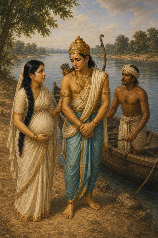 गंगा तट पर उदास लक्ष्मण खड़े हैं, गर्भवती सीता चिंतित होकर उनकी बाँह थामे हैं, पीछे नाविक नाव लिए है