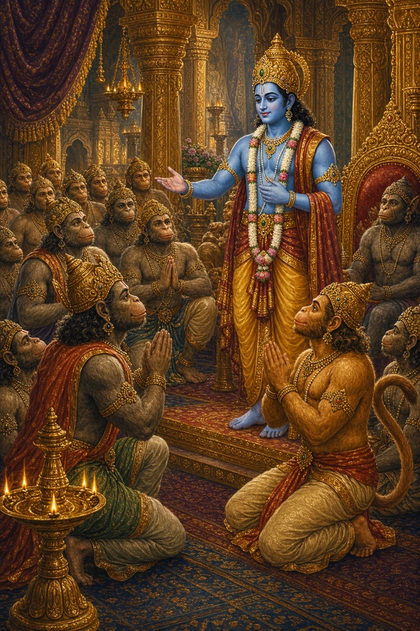 राम सभा में खड़े होकर हाथ जोड़े बैठे हनुमान और वानर प्रमुखों से विदा के वचन कह रहे हैं