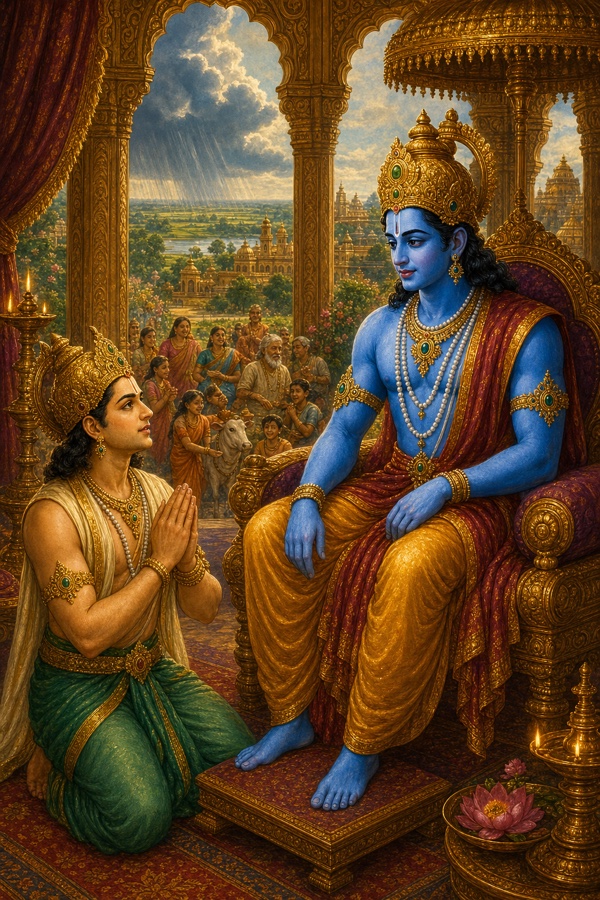 एक युवा राजकुमार हाथ जोड़कर सिंहासन पर बैठे राम के सम्मुख निवेदन कर रहा है, झरोखे से नगरजन दिखते हैं