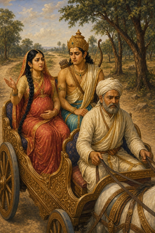 गर्भवती सीता और लक्ष्मण रथ में बैठे वन मार्ग से जा रहे हैं, वृद्ध सारथी रथ हाँक रहा है