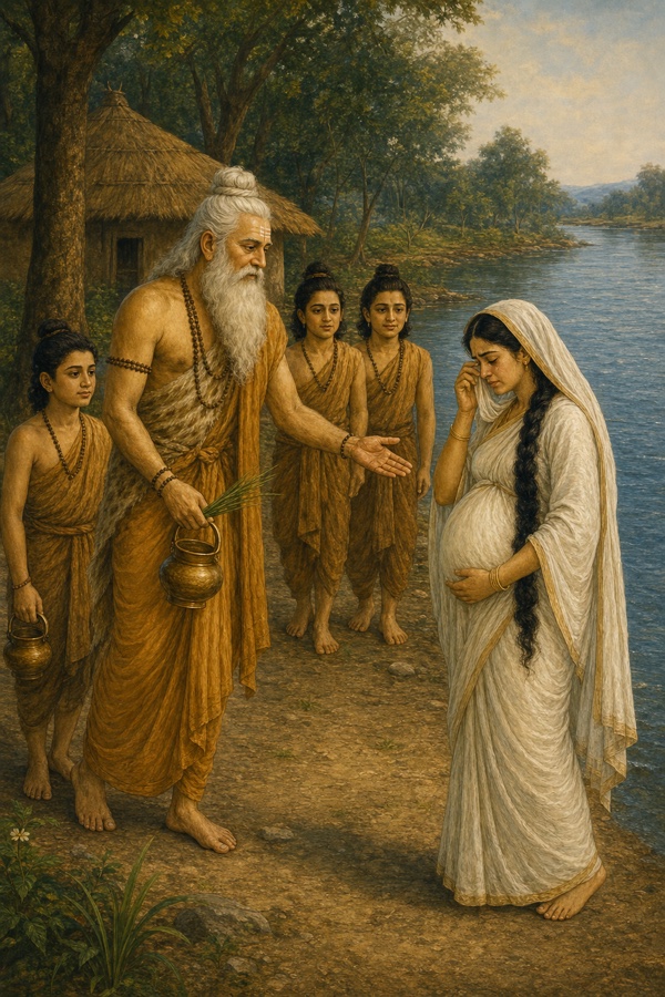 महर्षि वाल्मीकि शिष्यों सहित रोती हुई गर्भवती सीता की ओर सान्त्वना का हाथ बढ़ा रहे हैं