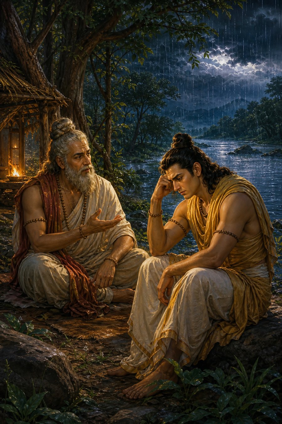 वृद्ध पुरुष वर्षा भरी रात में नदी किनारे बैठे शोकाकुल युवक को समझाते हुए हाथ बढ़ाए हैं