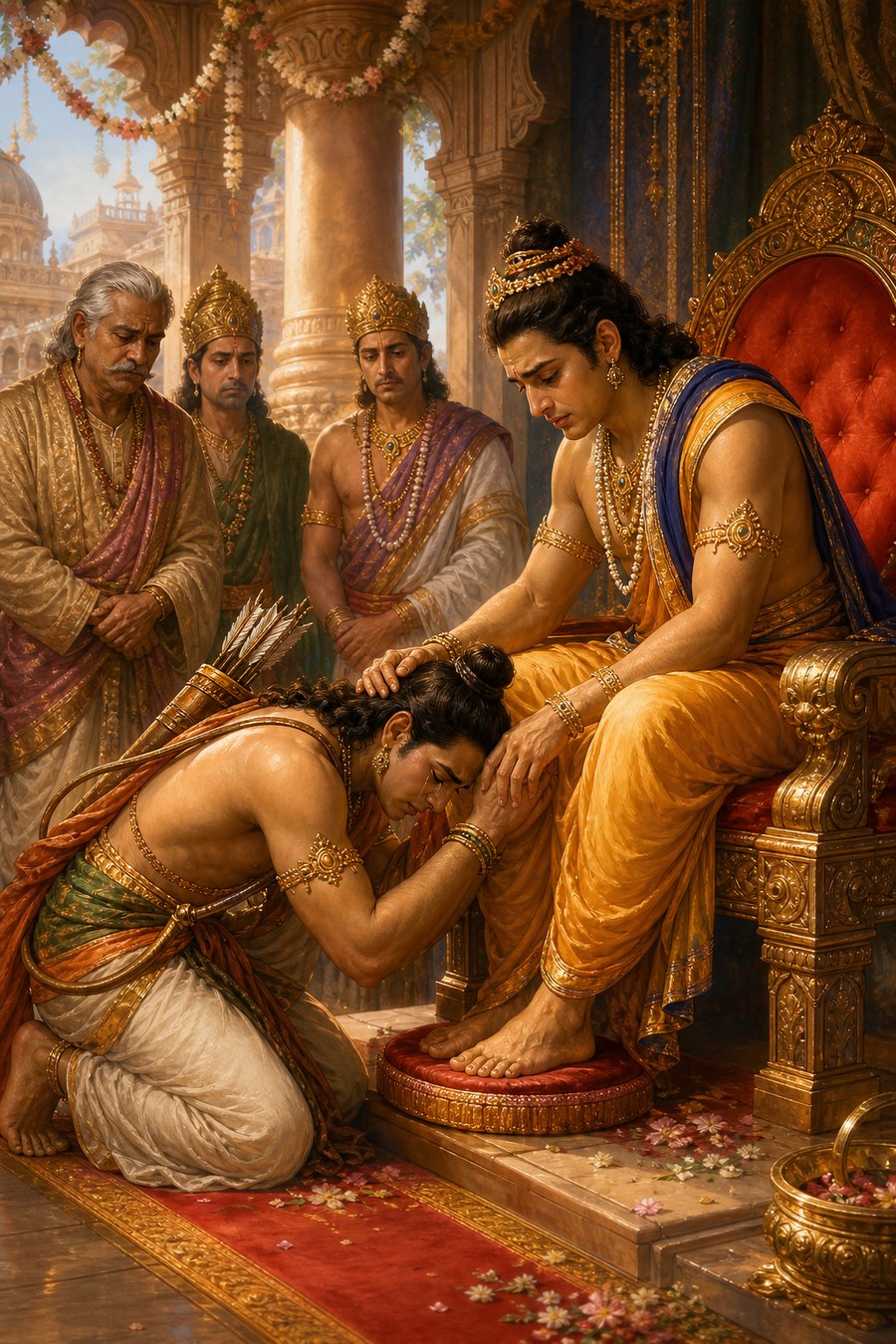 लक्ष्मण लौटकर शोकमग्न राम के चरणों में सिर रखे हैं और राम उनके सिर पर सांत्वना भरा हाथ रखे हैं