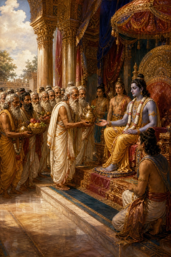 ऋषिगण फल और स्वर्ण कलश भेंट लिए सिंहासन पर विराजमान राम के सम्मुख खड़े हैं