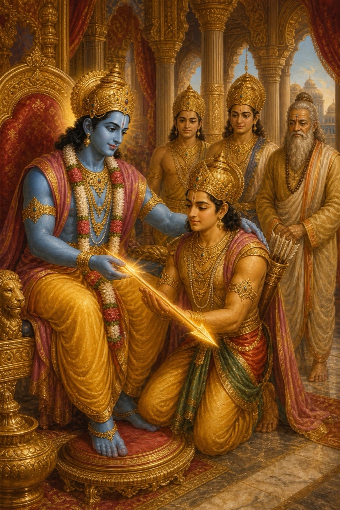 राम दिव्य तेज से चमकता बाण घुटनों के बल बैठे शत्रुघ्न को सौंप रहे हैं, परिजन पीछे खड़े हैं
