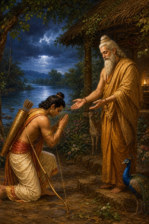 शत्रुघ्न धनुष लिए वर्षा भरी रात में महर्षि वाल्मीकि के आश्रम पहुँचकर हाथ जोड़े प्रणाम कर रहे हैं