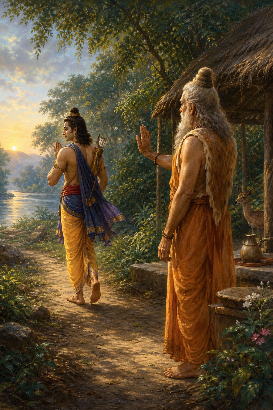 शत्रुघ्न प्रातःकाल हाथ जोड़े आश्रम से विदा ले रहे हैं और महर्षि वाल्मीकि हाथ उठाकर आशीर्वाद दे रहे हैं