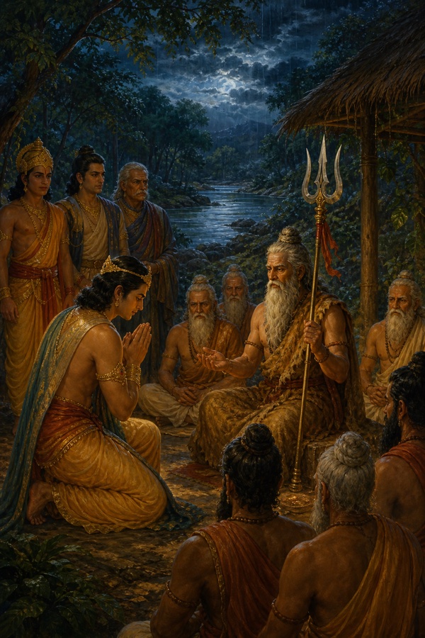 शत्रुघ्न रात्रि में त्रिशूल धारण किए वृद्ध ऋषि और तपस्वियों की सभा में हाथ जोड़े बैठे हैं