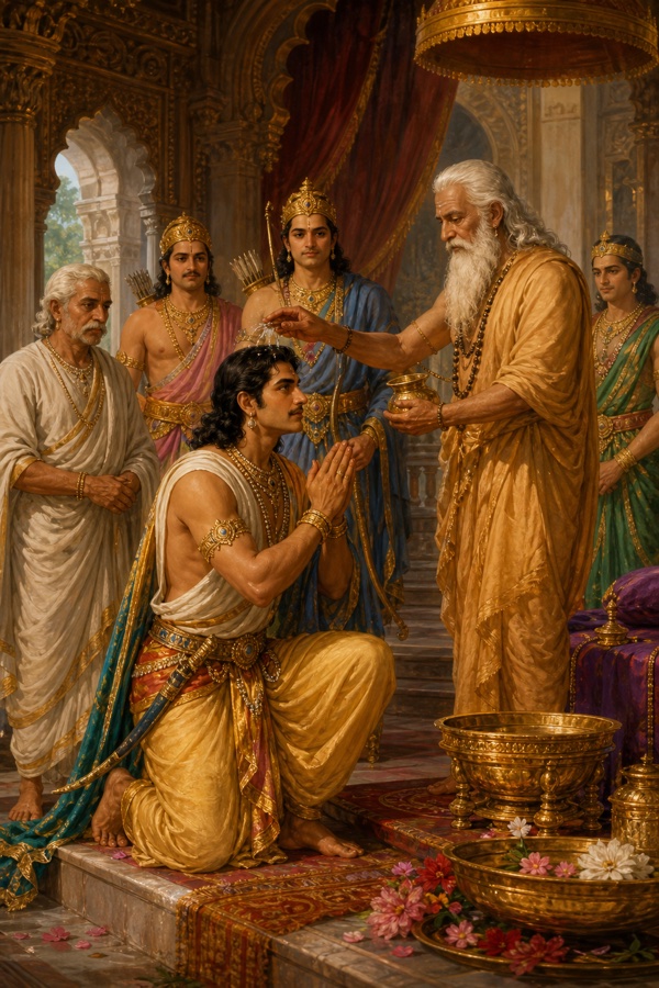 वृद्ध गुरु राजसभा में घुटनों के बल बैठे शत्रुघ्न का कलश से अभिषेक कर रहे हैं, भाई पीछे खड़े हैं