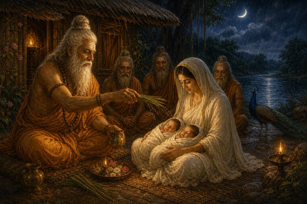 महर्षि वाल्मीकि चाँदनी रात में सीता की गोद में लेटे जुड़वाँ शिशुओं पर कुश से रक्षा विधि कर रहे हैं