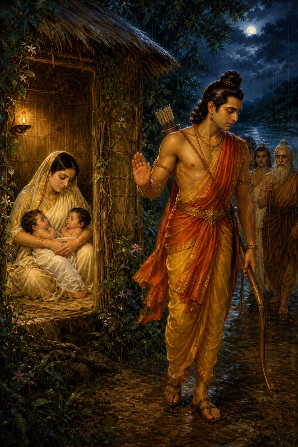 सीता कुटिया में जुड़वाँ शिशुओं को गोद में लिए हैं, बाहर धनुर्धारी शत्रुघ्न आदर से हाथ उठाए हैं