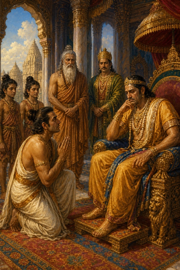 दरबार में शोकमग्न राम सिंहासन पर बैठे हैं, सामने एक युवक हाथ जोड़े घुटनों पर निवेदन करता है।