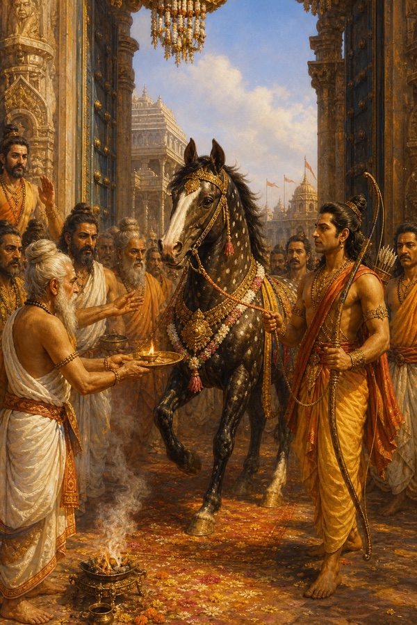 अश्वमेध का श्यामल घोड़ा फूल-मालाओं से सजा खड़ा है, वृद्ध पुरोहित आरती करते हैं और राजकुमार रास थामे है।