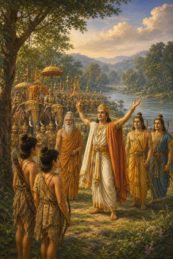 नदी किनारे शाही सेना और हाथियों के आगे मुकुटधारी राजकुमार बाँहें फैलाए खड़ा है, सामने दो तपस्वी बालक हैं।