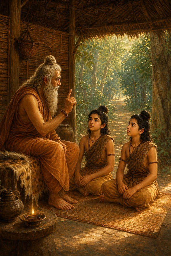 कुटिया में वाल्मीकि उँगली उठाकर मृगचर्म पहने लव-कुश को शिक्षा देते हैं, दोनों ध्यान से सुनते हैं।
