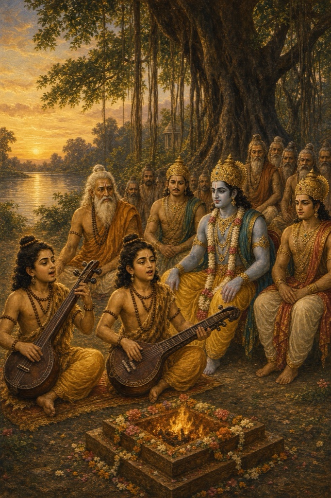 संध्या के वन में लव-कुश वीणा बजाकर गाते हैं, राम भाइयों और ऋषियों के साथ सुनते हैं।