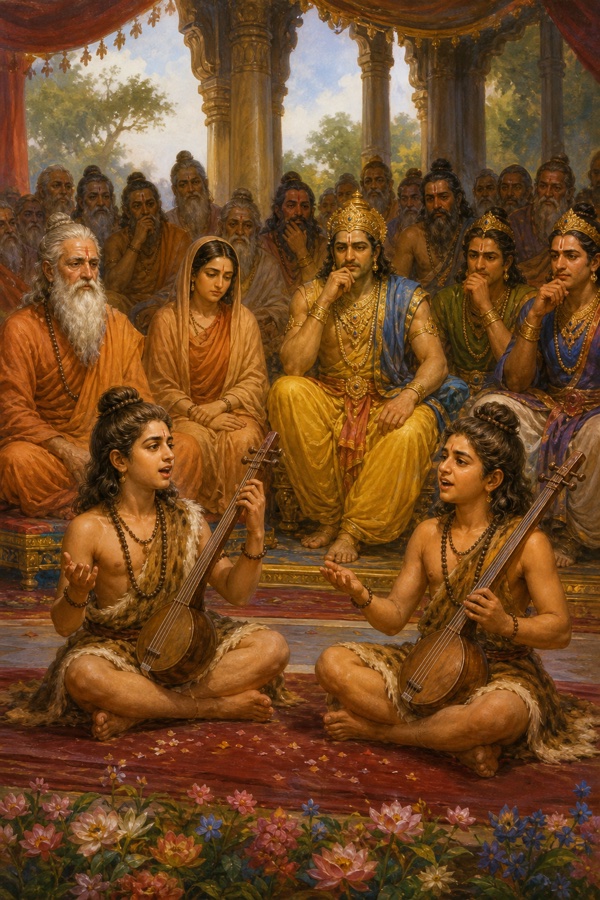 राजसभा में लव और कुश वीणा लिए गाते हैं, राजा और ऋषि मुग्ध होकर सुनते हैं।