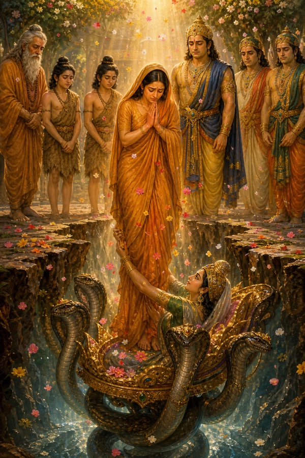 फटी धरती से नाग-सिंहासन पर भूदेवी प्रकट होकर सीता का हाथ थामती हैं, फूलों की वर्षा होती है।