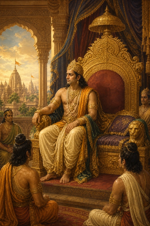 सूने महल में राम सिंहासन पर उदास बैठे हैं, झरोखे से अयोध्या के मंदिर-शिखर दिखते हैं।